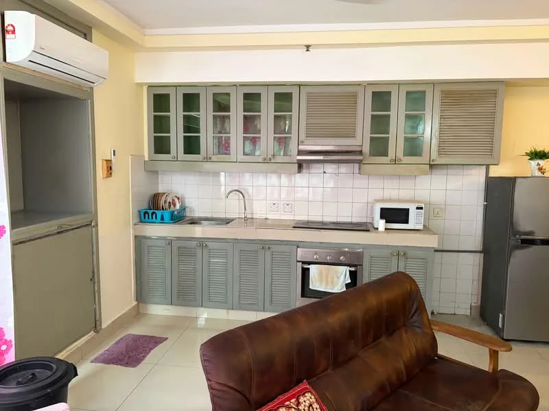 Kitchen features: grey cabinetry with glass-front upper cabinets, white tiled backsplash, stainless-steel sink, chrome pull-down faucet, built-in oven, freestanding range oven, microwave, stainless-steel fridge, ceramic tile flooring, recessed downlights, wall-mounted split AC, countertop space, open shelving; style: modern.