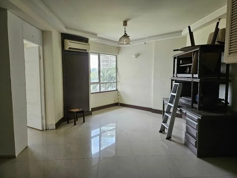 Room features: white painted walls, tray ceiling, floor-to-ceiling window, ceramic tile flooring, 1 wall-mounted split AC, ceiling light fixture, wooden furniture, ladder, stacked chairs, dark wood cabinet, small wooden stool; style: modern; view: garden.