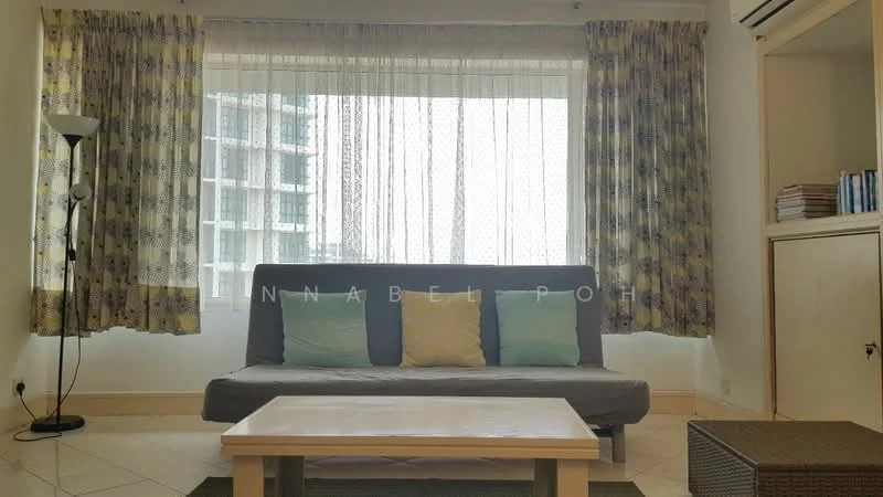 Living features: grey fabric sofa, decorative cushions in blue and yellow, coffee table, floor lamp, sheer curtains, large window with city view, tile flooring, built-in cabinet, bookshelf with books; style: modern; view: city.