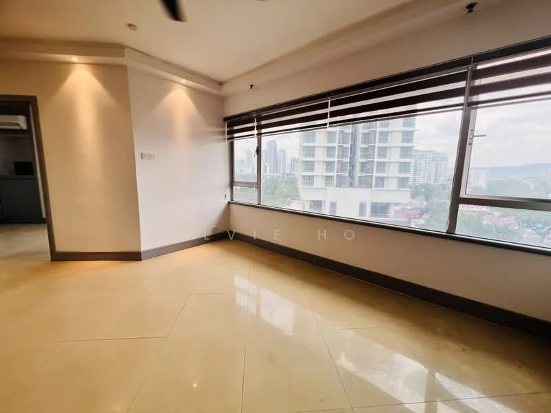 Room features: large floor-to-ceiling windows, natural light, cream painted walls, marble tile flooring, recessed downlights, ceiling fan, window blinds, city view; style: modern; view: city.