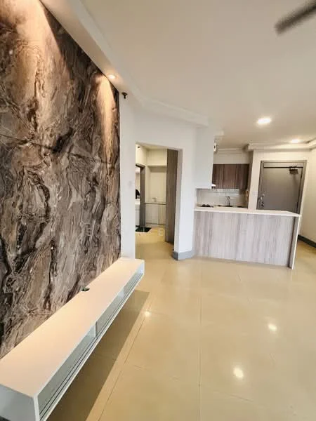 Living features: marble accent wall, white wall-mounted TV console, cream tiled flooring, recessed downlights, open layout, kitchen area visible, neutral color palette, ceiling fan; style: modern. Kitchen features: wood cabinetry, countertop with breakfast bar, stainless-steel sink, built-in appliances, open layout to living area; style: modern.