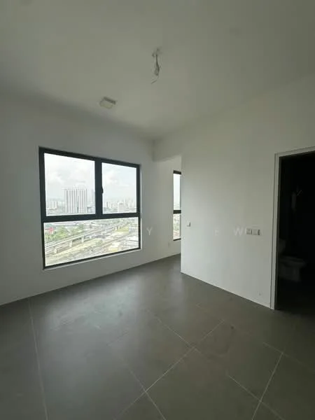 Room features: white painted walls, large floor-to-ceiling windows, grey tile flooring, recessed ceiling lights, corner window, minimalist design, no visible furniture, unfurnished space; style: modern; view: city.