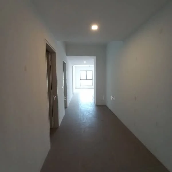 Hallway features: white painted walls, grey tiled flooring, recessed downlights, doorway leading to adjacent rooms, natural light from window at the end, narrow corridor layout; style: modern.