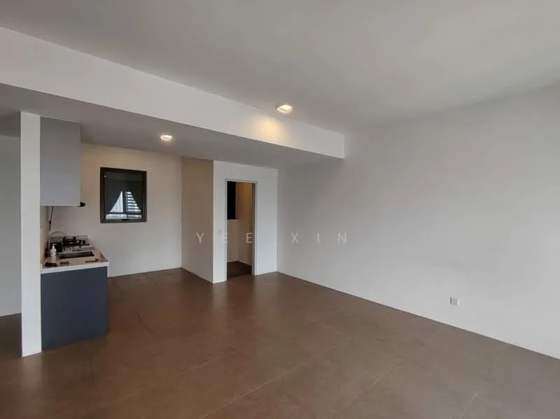 Room features: light grey painted walls, white ceiling, recessed downlights, large window with horizontal slats, brown tiled flooring, open layout, kitchenette with countertop, doorway leading to another room; style: modern.