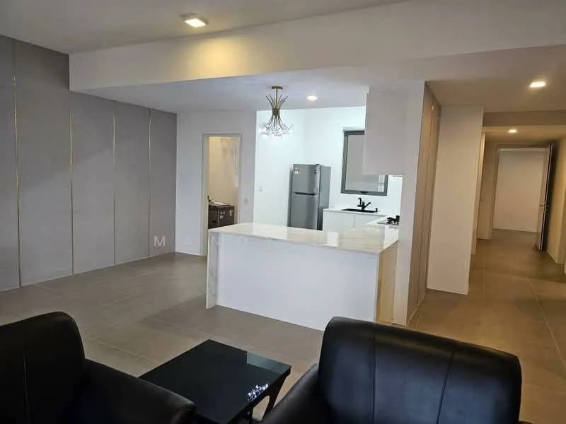 Living features: black leather 2-seater sofa, glass coffee table, recessed downlights, grey accent wall, tile flooring, open layout to kitchen, chandelier, floor-to-ceiling windows, neutral wall color; style: modern. Kitchen features: white kitchen island, stainless-steel fridge, black sink, chrome pull-down faucet, white cabinetry, marble countertop, built-in oven, induction hob; style: modern. Hallway features: tile flooring, neutral wall color, doorway to bathroom, doorway to bedroom.