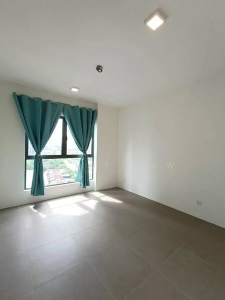 Room features: large window, floor-to-ceiling window, blue curtains, white painted walls, tile flooring, recessed ceiling lights, neutral color scheme, city view; style: modern; view: city.