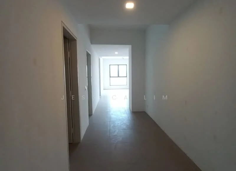 Hallway features: white painted walls, tile flooring, recessed downlights, doorway to adjacent rooms, large window at the end, neutral color palette; style: modern.