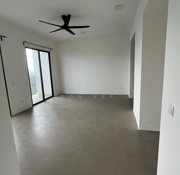 Living features: white painted walls, grey floor tiles, 5-blade ceiling fan, floor-to-ceiling sliding glass doors, black curtain rods, no visible furniture, neutral decor, open layout; style: modern; view: city.