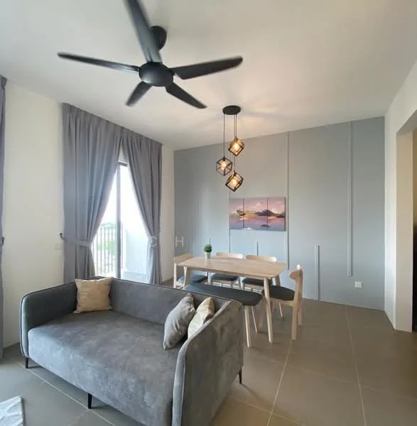 Dining features: 3-blade ceiling fan in black, hanging pendant light with multiple bulbs, grey fabric sofa, light wood dining table, 4 light wood dining chairs, floor-to-ceiling windows, sheer curtains in grey, grey accent wall, tile flooring in light grey; style: modern; view: city.