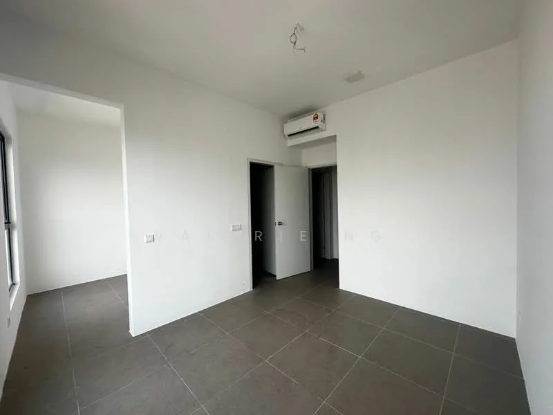 Room features: white painted walls, grey tiled flooring, 1 wall-mounted split AC, door to adjacent room, door to hallway, ceiling light fixture.