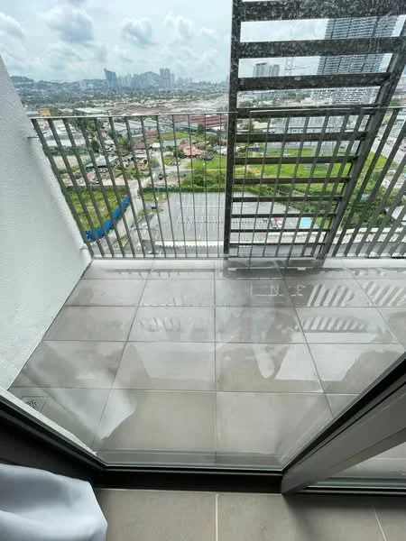 Room features: glass sliding door, grey tiled flooring, metal railing, city skyline view, outdoor balcony space, concrete wall, water drainage system, open space; style: modern; view: city.