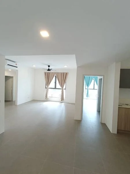 Living features: light grey tiled flooring, white painted walls, 5-blade ceiling fan with light, floor-to-ceiling windows, sheer curtains in beige, sheer curtains in blue, recessed downlights, open layout, natural light from windows; style: modern; view: city.