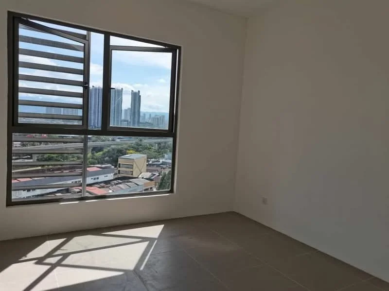 Room features: white painted walls, large window with horizontal slats, tile flooring, city view from window, natural light from window; style: modern; view: city.