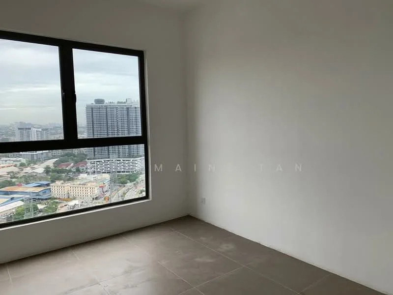 Room features: large window with city view, white painted walls, neutral tile flooring, no visible furniture or decor; style: minimalist; view: city.