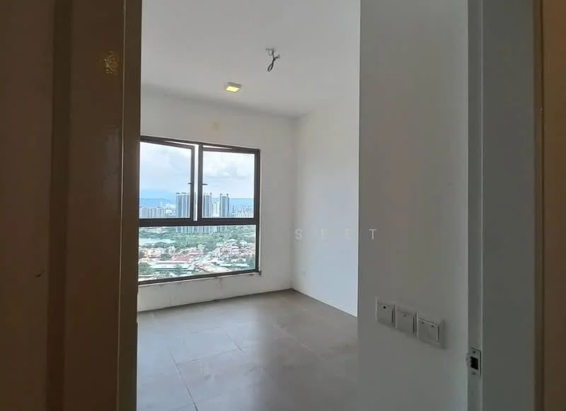 Room features: floor-to-ceiling windows, city view, white painted walls, tile flooring, recessed downlights, single ceiling light, window treatments not visible, no visible furniture; style: modern; view: city.