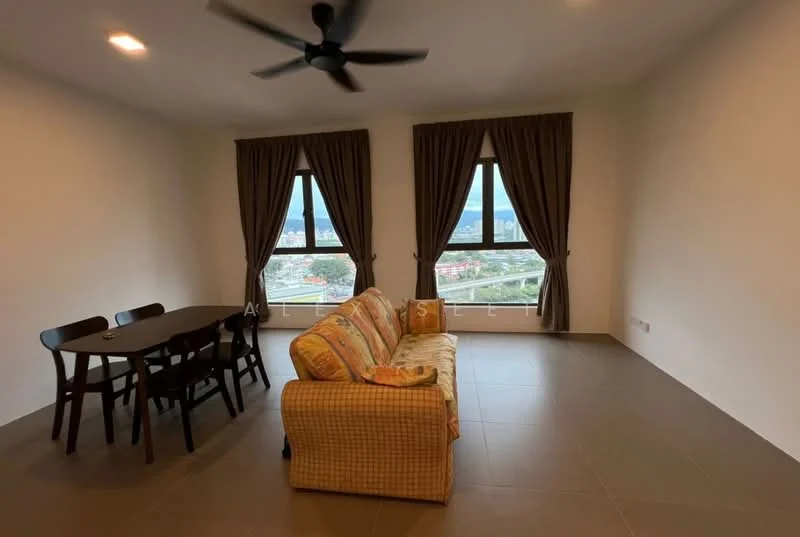 Living features: 3-seater fabric sofa in beige and orange checkered pattern, wooden dining table for 6, 4 dining chairs, floor-to-ceiling windows, brown curtains, ceiling fan, tile flooring, neutral painted walls, city view; style: modern; view: city.