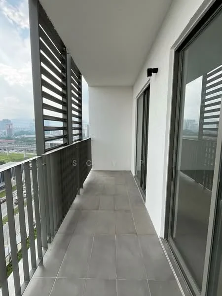 Room features: grey tiled flooring, white painted walls, sliding glass doors, metal railing, horizontal slatted privacy screen, city view, outdoor space; style: modern; view: city.