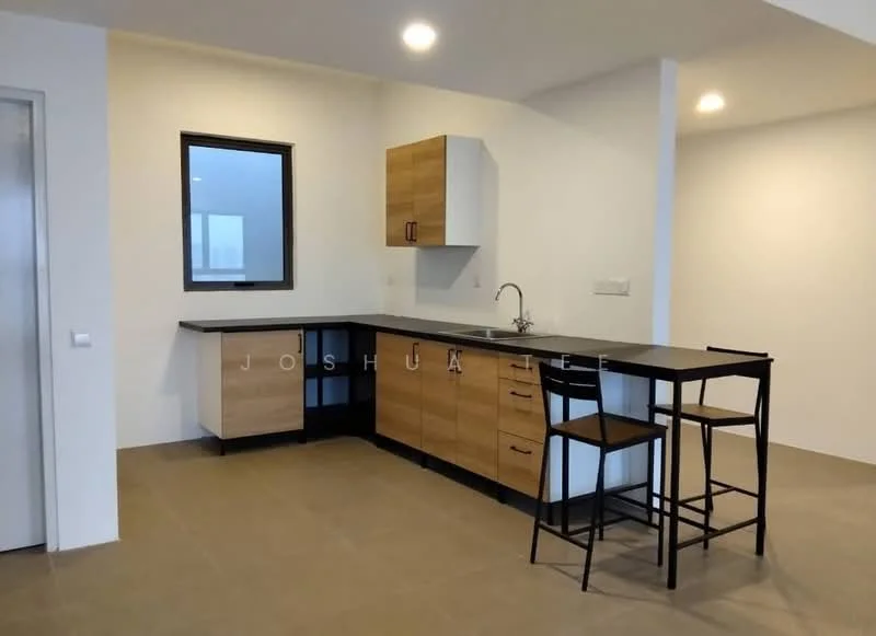 Kitchen features: wood cabinetry in light brown, white upper cabinets, black countertop, single-bowl stainless-steel sink, chrome pull-down faucet, stainless-steel appliances, tile flooring in beige, window with black frame, bar stools, open layout, recessed lighting; style: modern.
