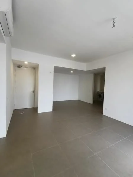 Room features: white painted walls, grey tiled flooring, recessed downlights, wall-mounted split AC, open layout, doorway leading to another room, large windows, neutral color scheme; style: modern.