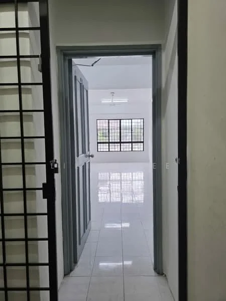 Room features: white painted walls, glossy tile flooring, multiple windows, door with grey frame, grid-patterned window design, ceiling light fixture, neutral color scheme, open layout; style: modern.