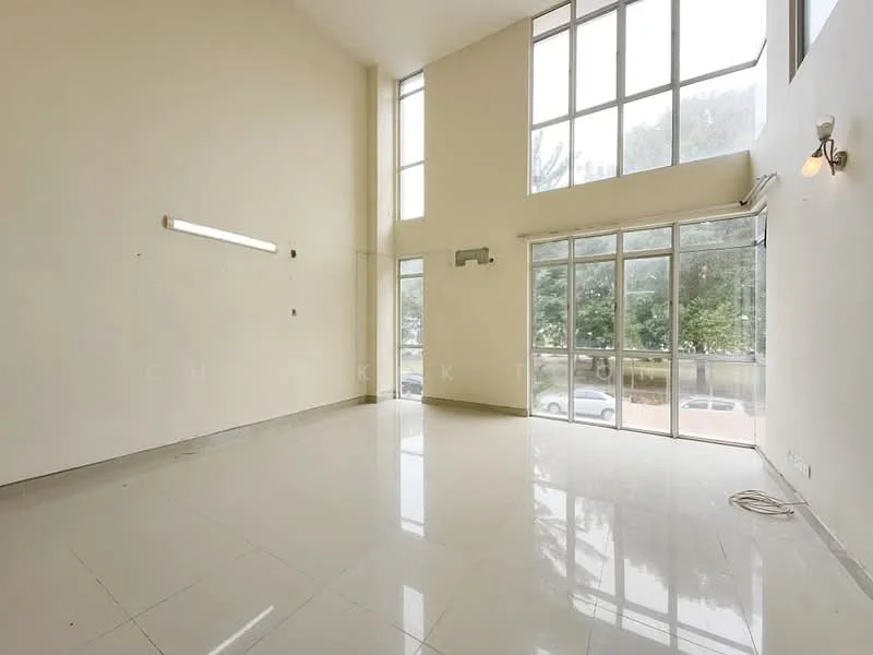 Room features: high ceiling, large floor-to-ceiling windows, white painted walls, glossy tile flooring, natural light, minimalist design, wall-mounted lighting fixtures, open layout; style: modern; view: garden.