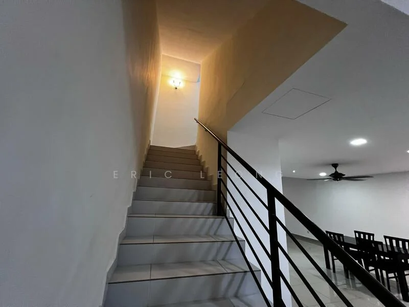 Room features: staircase with tiled steps, metal handrail, white painted walls, ceiling light fixture, recessed ceiling, open space at the top of the stairs, floor tiles in light color, ceiling fan; style: modern.