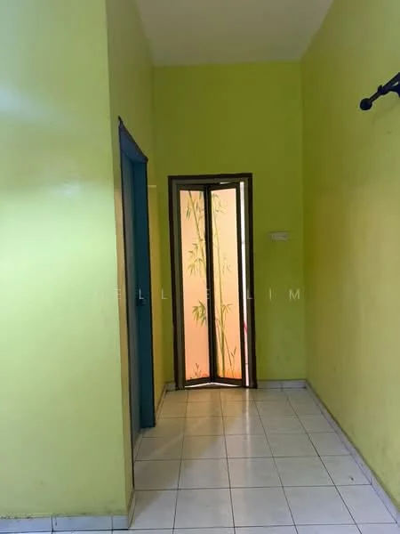 Room features: green painted walls, white tiled flooring, double door with decorative glass, door frame, light switch, wall-mounted hook.