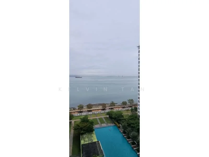 Exterior type: high-rise condominium; features: infinity pool, landscaped garden, waterfront view, manicured lawn, paved walkway, surrounding greenery; style: modern.