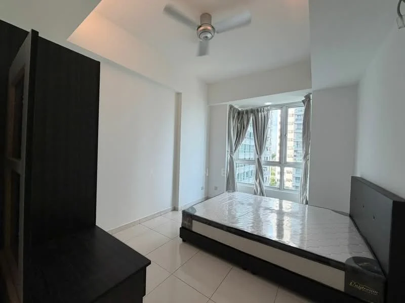 Bedroom features: white painted walls, tile flooring, 5-blade ceiling fan, floor-to-ceiling windows, sheer curtains, queen-size bed, upholstered headboard, nightstand, built-in wardrobe; style: modern; view: city.