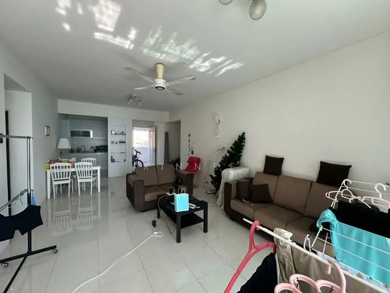 Living features: 3-seater fabric sofa in brown, 2-seater fabric sofa in beige, coffee table, ceiling fan with light, wall-mounted TV, white tiled flooring, decorative Christmas tree, dining table with 4 chairs, laundry drying rack, open layout to kitchen, natural light from windows, neutral painted walls; style: modern.