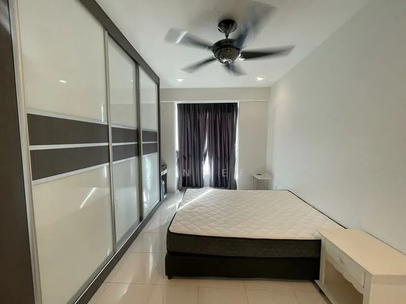 Bedroom features: queen-size bed, upholstered headboard, white bedside table, built-in wardrobe with sliding doors, ceiling fan with light, floor-to-ceiling windows, dark curtains, white tiled flooring; style: modern.