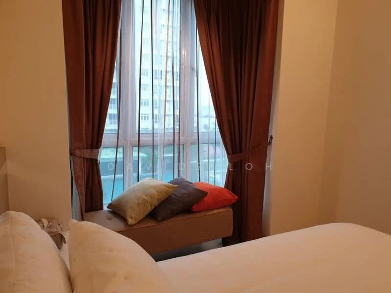 Bedroom features: floor-to-ceiling windows, brown curtains, window seat with cushions, neutral wall colour, queen-size bed, decorative pillows, carpeted flooring, built-in wardrobe; style: modern; view: city.