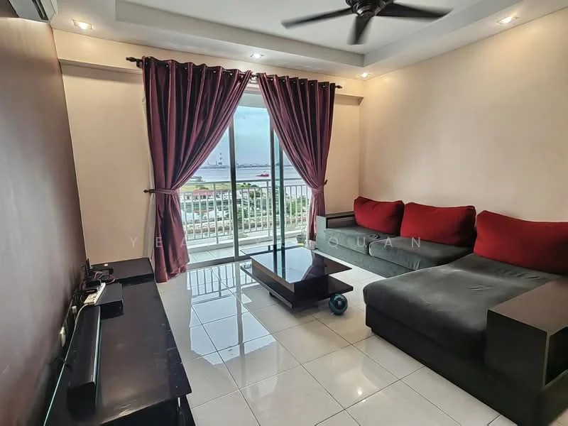 Living features: floor-to-ceiling windows, sliding glass door, red curtains, 3-seater fabric sofa in dark grey, 2-seater fabric sofa in red, coffee table, TV console, wall-mounted TV, ceiling fan, white tiled flooring, recessed downlights, decorative wall with brown paint; style: modern; view: sea.