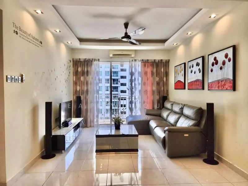 Living features: cream painted walls, white ceiling with recessed downlights, marble tile flooring, 5-blade ceiling fan with light, large sliding glass door, floor-to-ceiling windows, grey leather sectional sofa, glass coffee table, TV console, wall-mounted TV, decorative wall art, sheer curtains, black speakers; style: modern.
