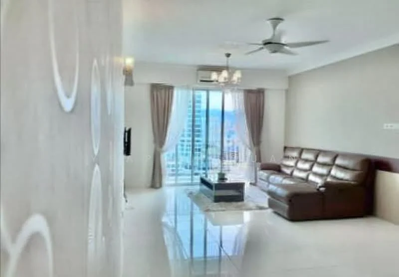 Living features: 3-seater brown leather sofa, coffee table, TV console, wall-mounted TV, area rug, 5-blade ceiling fan, recessed downlights, floor-to-ceiling windows, sliding glass door, city view, white painted walls, glossy tile flooring; style: modern; view: city.