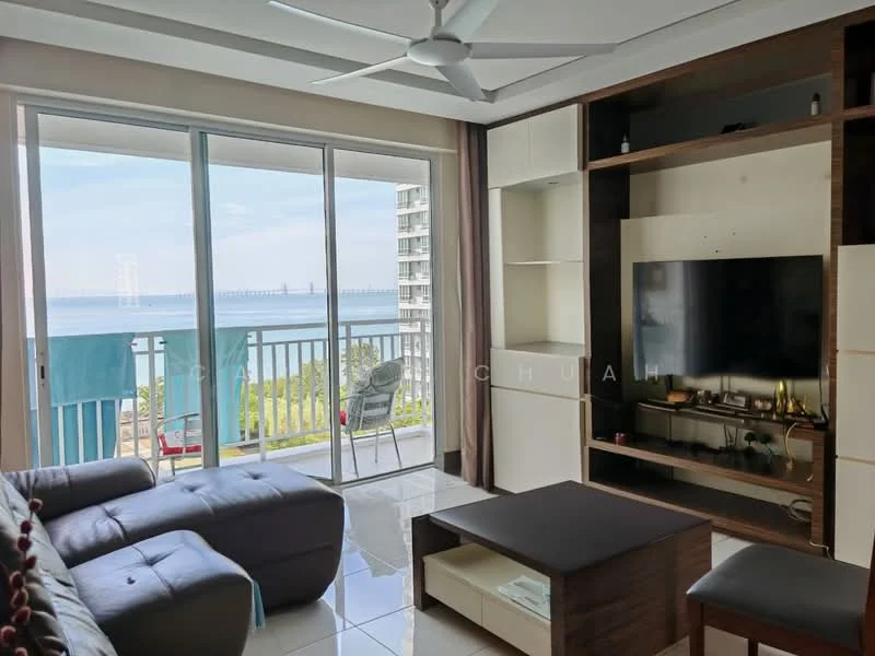 Living features: 3-seater leather sofa in dark brown, coffee table with storage, wall-mounted TV, built-in shelving unit, floor-to-ceiling sliding glass doors, marble tile flooring, ceiling fan, decorative cushions, curtains, view of the sea, balcony access; style: modern; view: sea.