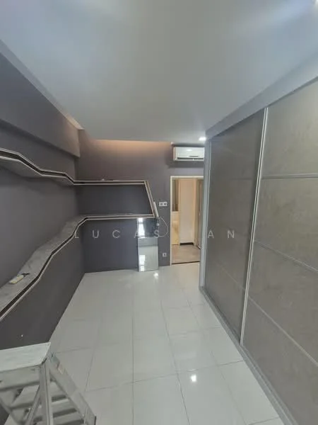 Room features: grey painted walls, white tiled flooring, recessed lighting, air conditioning unit, built-in wardrobe with sliding doors, open shelving, wall-mounted electrical outlets, staircase leading to another level; style: modern.