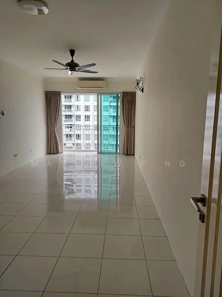 Living features: white painted walls, glossy tile flooring, 5-blade ceiling fan with light, floor-to-ceiling windows, sliding glass door, sheer curtains, recessed downlights, neutral color curtains; style: modern; view: city.
