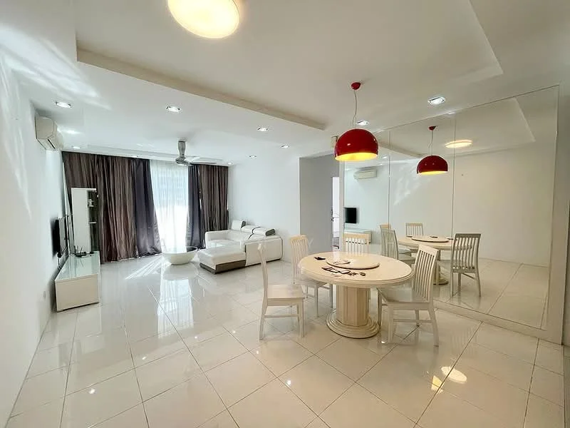 Living features: white painted walls, glossy white tile flooring, recessed downlights, 5-blade ceiling fan with light, sofa in white fabric, round dining table, 4 white dining chairs, large floor-to-ceiling windows with sheer curtains, mirror wall, TV console, wall-mounted TV, decorative pendant lights in red; style: modern.