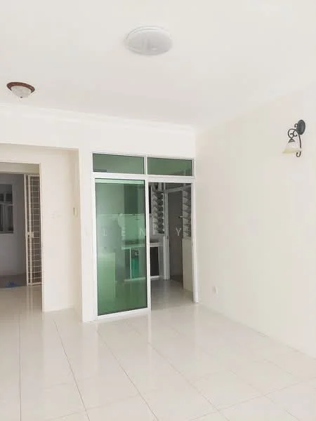 Room features: white painted walls, glossy tile flooring, sliding glass door, wall-mounted light fixture, ceiling light, open layout, large windows, neutral color scheme; style: modern.