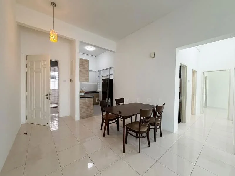 Dining features: white painted walls, glossy ceramic tile flooring, dining table with four wooden chairs, pendant light fixture, open layout, doorway leading to kitchen, doorway leading to hallway; style: modern. Kitchen features: white cabinetry, stainless-steel appliances, countertop with backsplash, open layout to dining area; style: modern. Hallway features: white painted walls, glossy ceramic tile flooring, doorways leading to other rooms; style: modern.