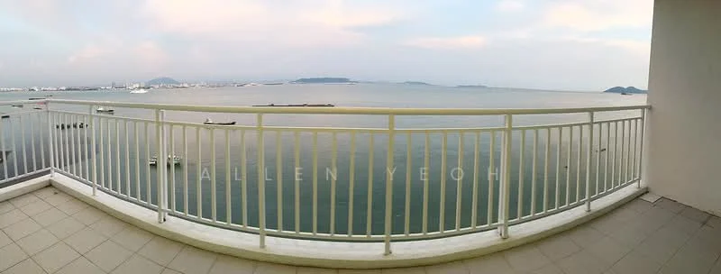 Room features: balcony with railing, sea view, tile flooring, white painted walls, outdoor space; view: sea.