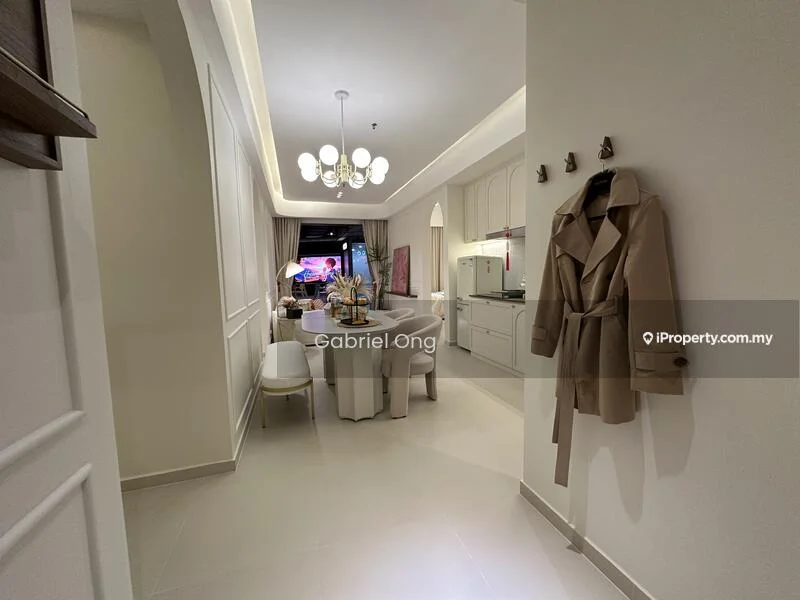 Room features: white painted walls, recessed downlights, light-colored flooring, dining table with chairs, kitchen cabinetry, kitchen countertop, decorative wall art, coat rack, chandelier, window with curtains; style: modern; view: city.