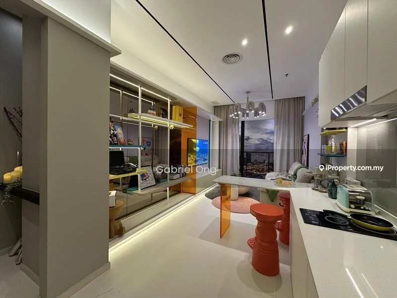 Kitchen features: white cabinets, grey countertop, stainless-steel sink, chrome pull-down faucet, built-in oven, induction hob, refrigerator, open shelving, pendant lighting, dining table with colorful stools, wall-mounted TV, decorative wall art, floor-to-ceiling windows, city view; style: modern; view: city.