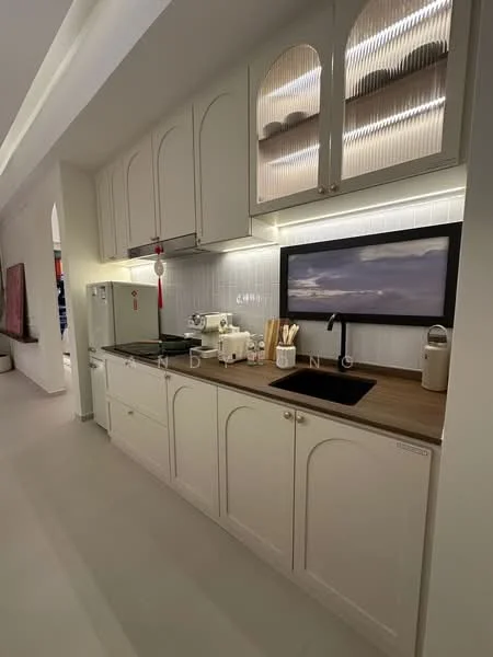 Kitchen features: white shaker cabinets, wood countertop, stainless-steel fridge, built-in oven, stainless-steel sink, chrome pull-down faucet, white subway tile backsplash, recessed LED downlights, open shelving, decorative items on shelves, kitchen utensils, coffee machine, toaster; style: modern.