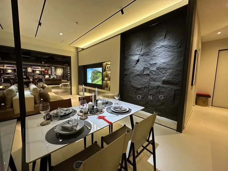Dining features: dining table with 4 chairs, white tablecloth, grey placemats, glassware, cutlery, decorative centerpiece, wall-mounted TV, feature wall with textured stone finish, recessed lighting, neutral wall colour, polished tile flooring; style: modern. Living features: sofa set, coffee table, decorative cushions, shelves with decor items, wall-mounted artwork, ambient lighting; style: modern.