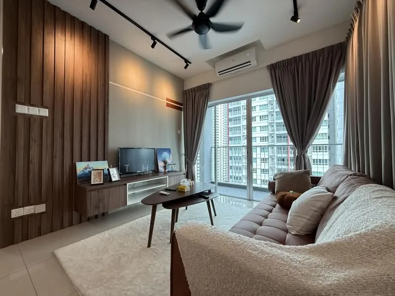 Living features: 3-seater fabric sofa in beige, coffee table, TV console, wall-mounted TV, area rug with geometric pattern, floor-to-ceiling windows, sliding glass door, curtains, ceiling fan, wood panel accent wall, recessed downlights; style: modern; view: city.