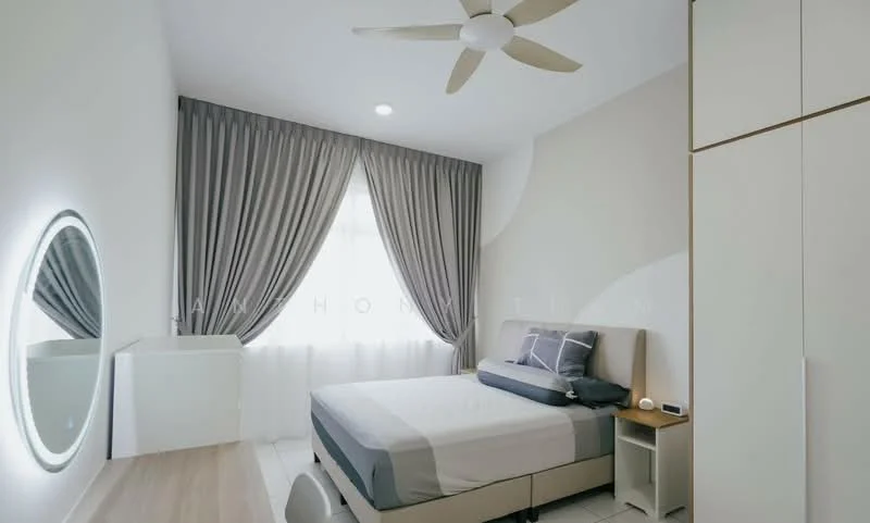 Bedroom features: queen-size bed, upholstered headboard, bedside table, round mirror, floor-to-ceiling window, sheer curtains, grey bedding, light wood flooring, ceiling fan with light, built-in wardrobe; style: modern.