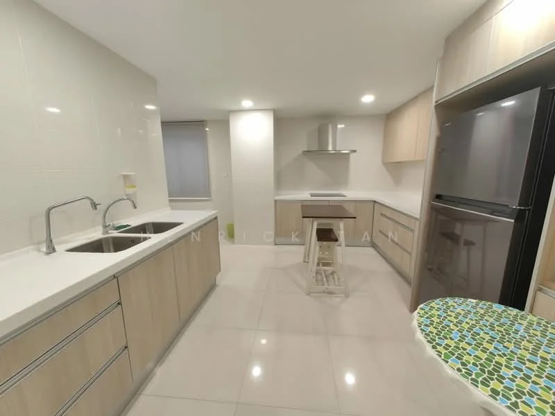 Kitchen features: white quartz countertop, double-bowl stainless-steel sink, chrome pull-down faucet, built-in oven, freestanding range oven, stainless-steel refrigerator, light wood cabinetry, ceramic tile flooring, recessed downlights, window with sheer curtains, breakfast bar with stools, open shelving; style: modern.