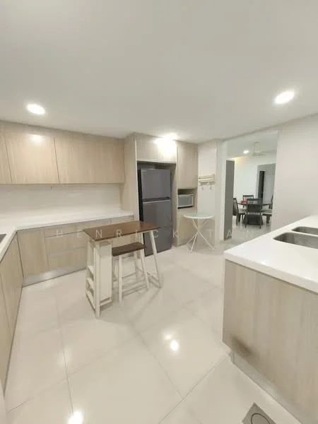 Kitchen features: light wood cabinetry, white quartz countertop, stainless-steel fridge, built-in oven, ceramic tile flooring, recessed downlights, single-bowl stainless-steel sink, chrome pull-down faucet, breakfast bar with stools, open layout, white backsplash; style: modern.